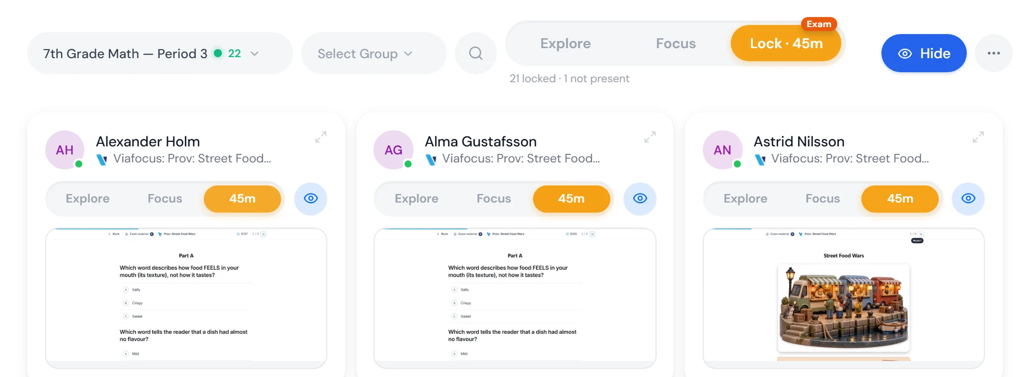 The class during an exam in Focuspilot: the Exam badge on the Lock button, the line 21 locked and 1 not present, and each pupil's exam page as a small screen