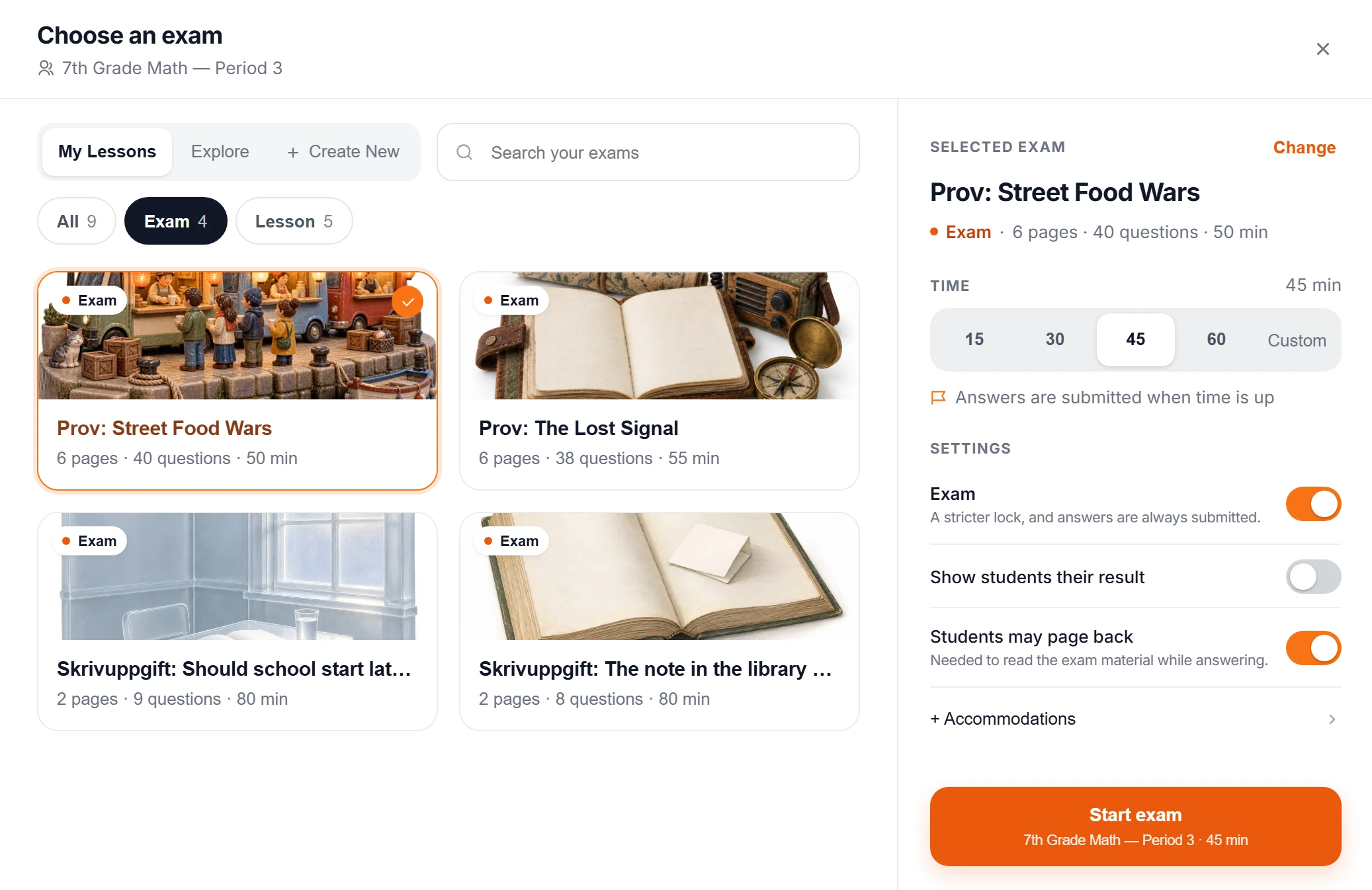 The Choose an exam dialog: exams with cover images in the teacher's Studio, one exam selected, the time set to 45 minutes, the Exam switch on, Show students their result off, and the Start exam button