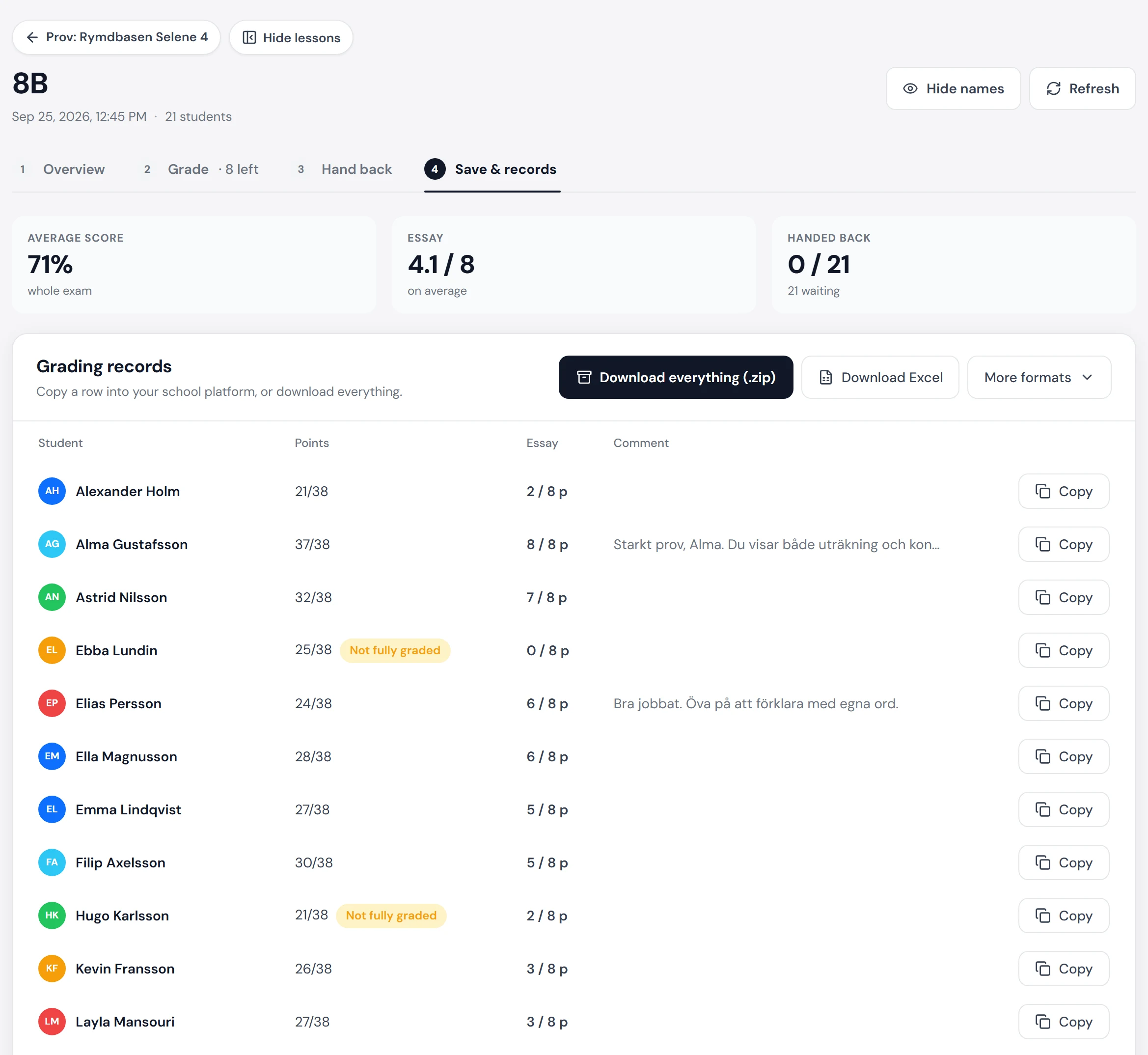 Save and records: average result and essay points, a table with points and a comment per pupil, and buttons to download everything or copy a row
