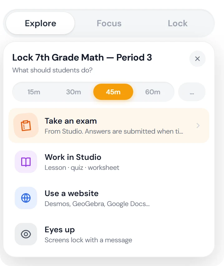 The Lock menu in Focuspilot asking What should students do, with Take an exam highlighted