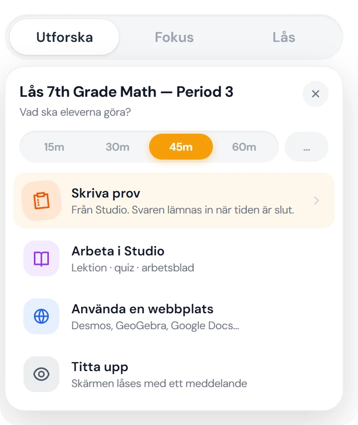 Lås-menyn i Focuspilot med frågan Vad ska eleverna göra och valet Skriva prov markerat