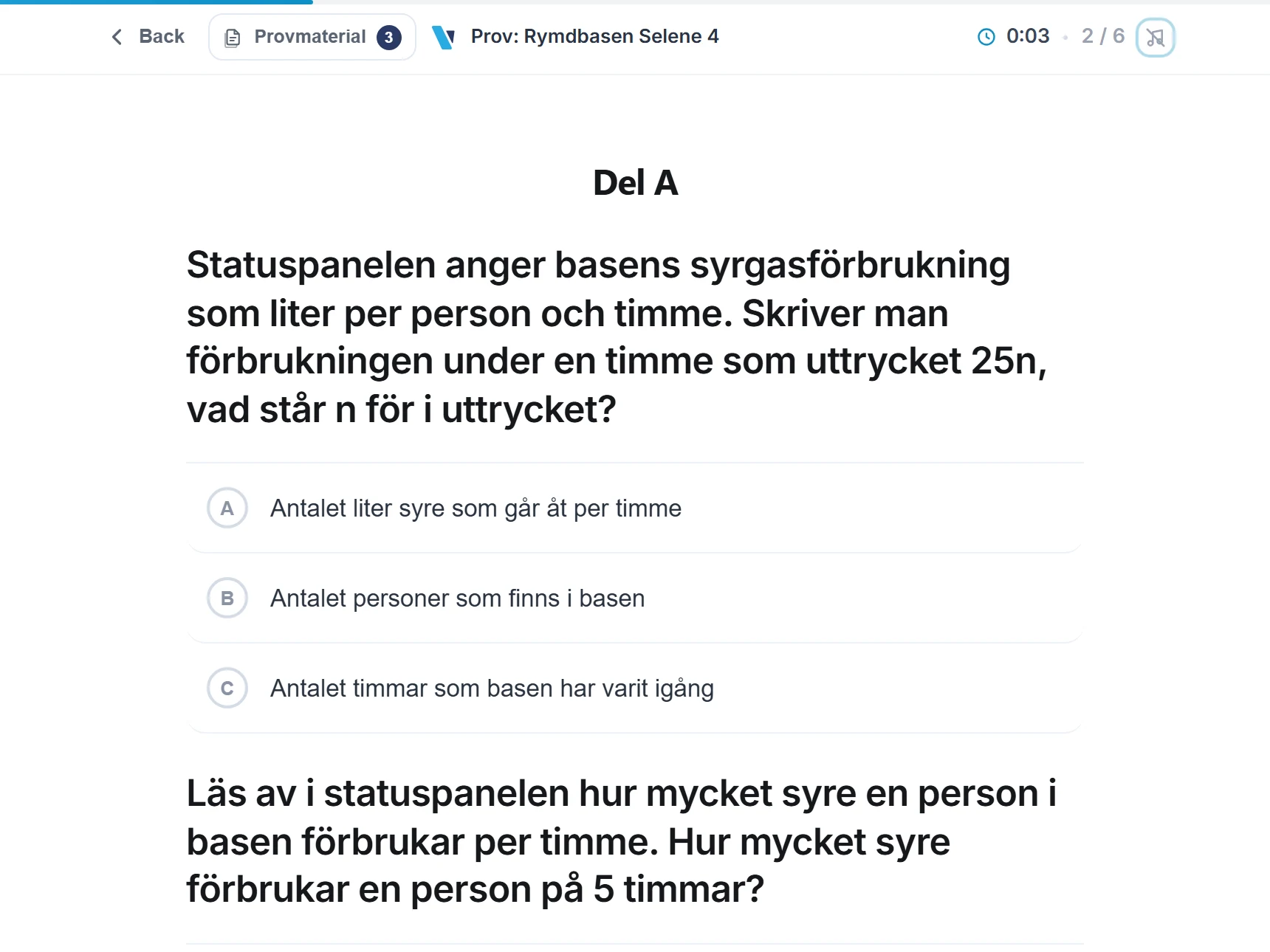 Elevens prov i helskärm: klocka, sidnummer, provmaterial och frågor. Inga flikar och inga andra appar