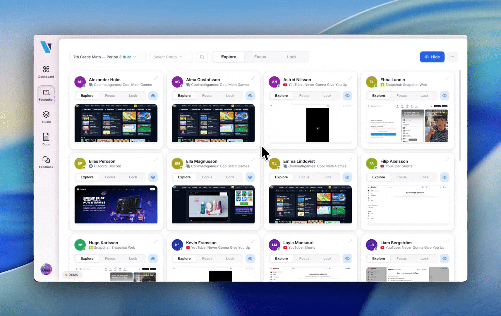 Viafocus classroom view, one click changes the mode on every student device