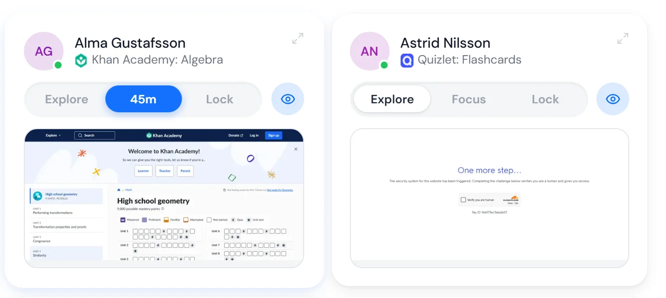 Two pupil cards side by side: Alma has Focus for 45 minutes and Astrid is still in Explore