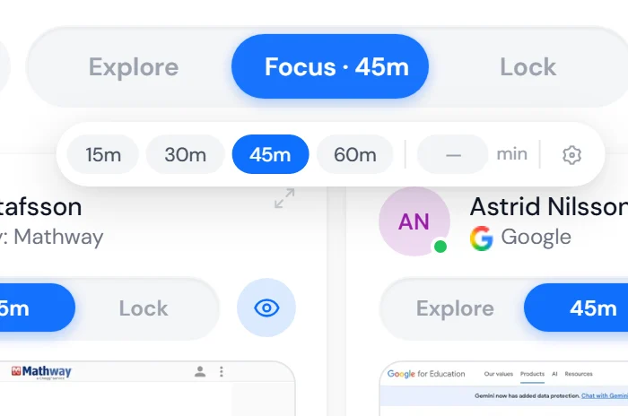 The Focus button with its time picker open: 15, 30, 45 and 60 minutes or a custom time