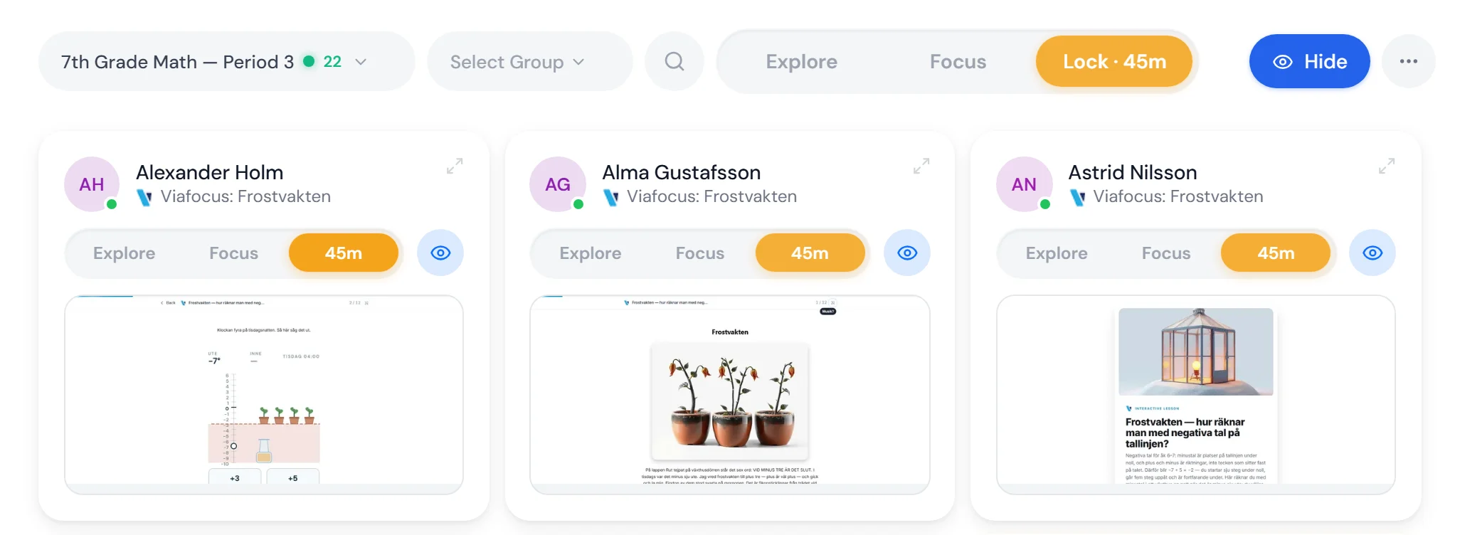 The teacher view in Lock: every pupil card shows 45 minutes of Lock and each screen shows the same lesson, Frostvakten, on different pages