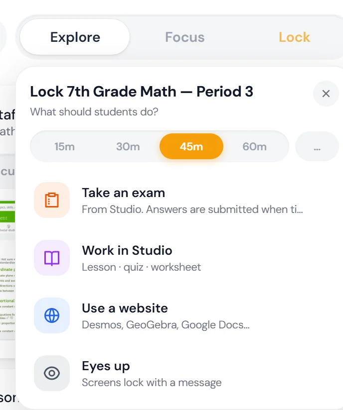 The Lock menu asking What should students do, with four choices: Take an exam, Work in Studio, Use a website and Eyes up