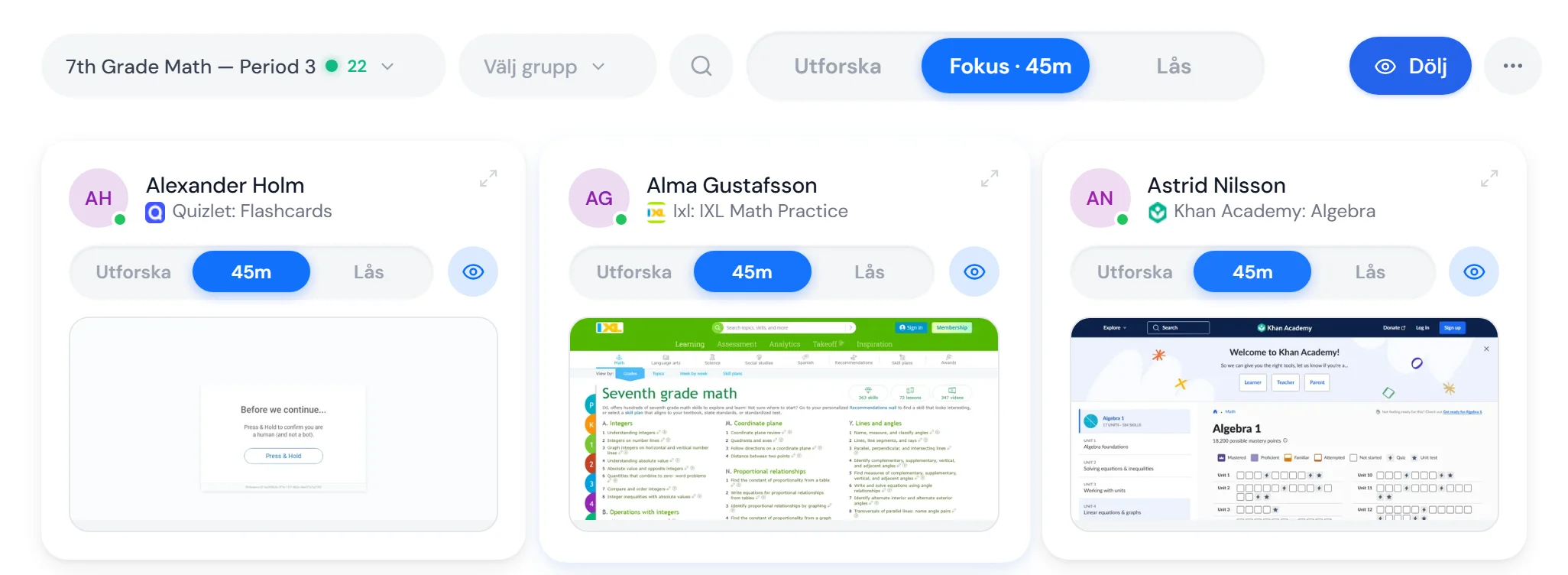 Lärarens vy i Fokus: alla elevkort visar 45 minuter Fokus och skärmarna visar Khan Academy, IXL och Google Dokument