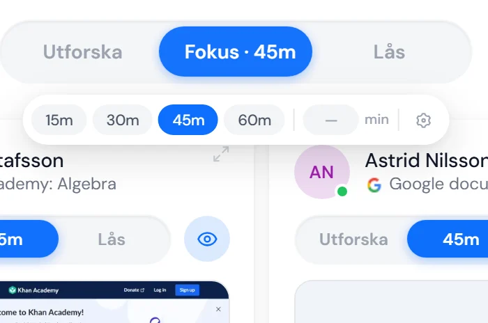 Fokusknappen med tidsväljaren öppen: 15, 30, 45 och 60 minuter eller en egen tid