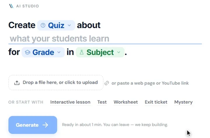 Viafocus AI Studio: “Create a quiz about photosynthesis for Grade 5 in Science”, with the Generate button ready
