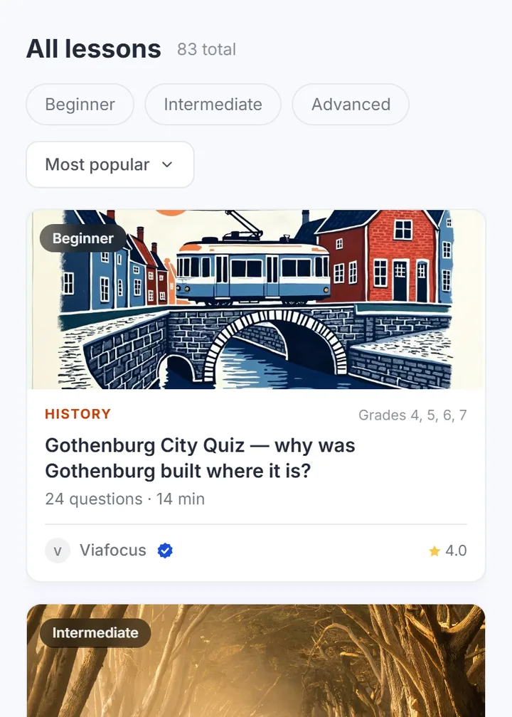 The Viafocus lesson library: lessons filtered by level, with the Gothenburg City Quiz first